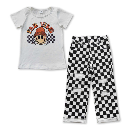 2pcs t-shirt checkered denim pants set