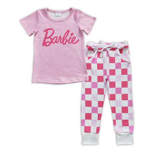 barbie words t shirt and checkered pants set