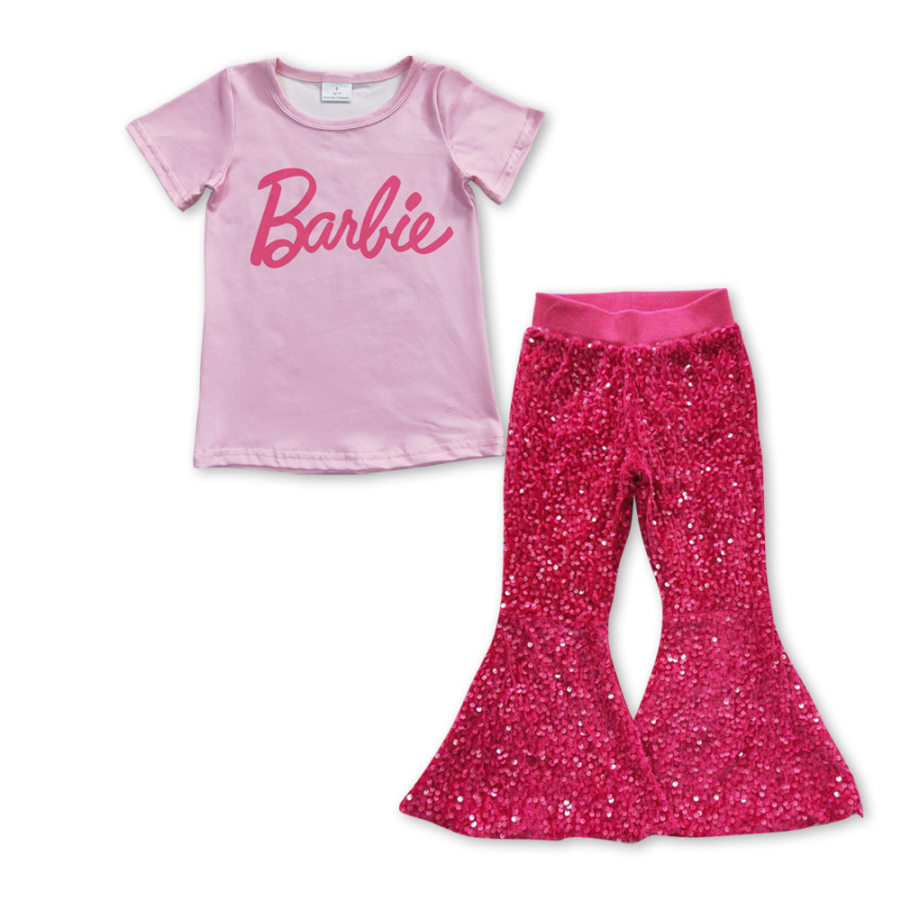 2pcs hot pink sequins pants set