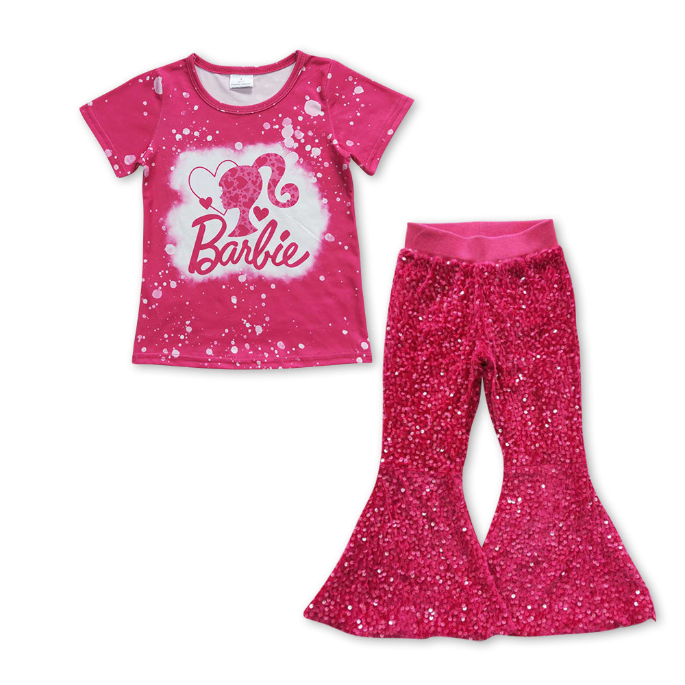 2pcs hot pink sequins pants set