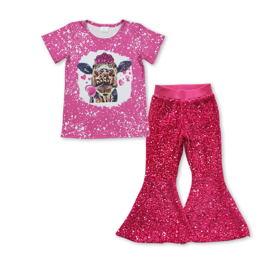 2pcs hot pink sequins pants set