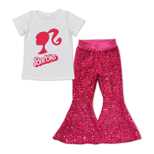 2pcs hot pink sequins pants set