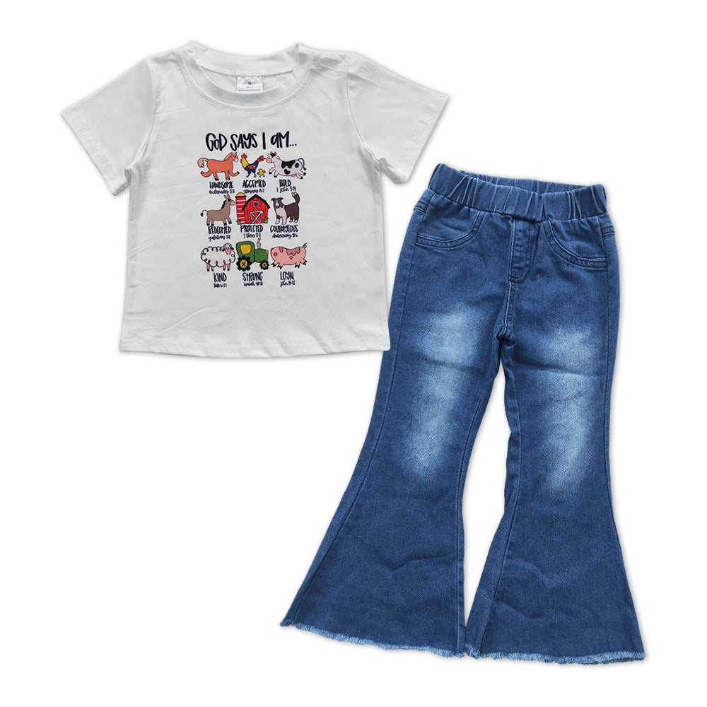 farm t-shirt+denim pants outfit