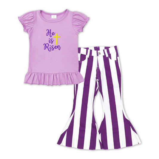 easter t-shirt purple stripe denim pants outfit