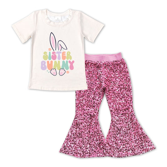 2pcs t-shirt +pink sequins pants set girls easter outfit