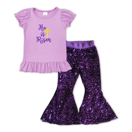 2pcs t-shirt +purple sequins pants set girls easter outfit