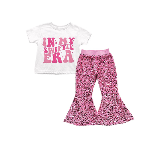 2pcs t-shirt +pink sequins pants set girls outfit
