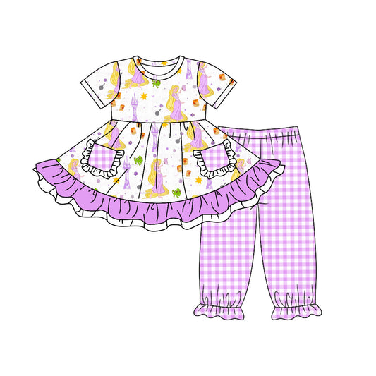 pre order Short sleeves princess purple plaid girl outfits