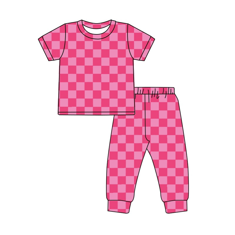 pre order short sleeve hot pink checkered pajama set