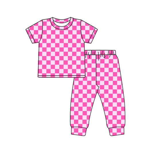 pre order short sleeve hot pink checkered pajama set