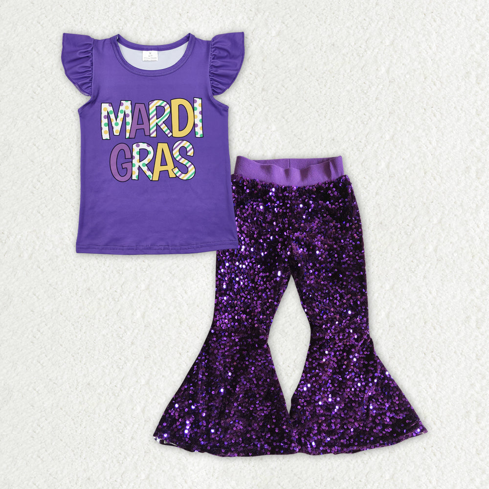 2pcs Mardi Gras girls purple sequins pants set