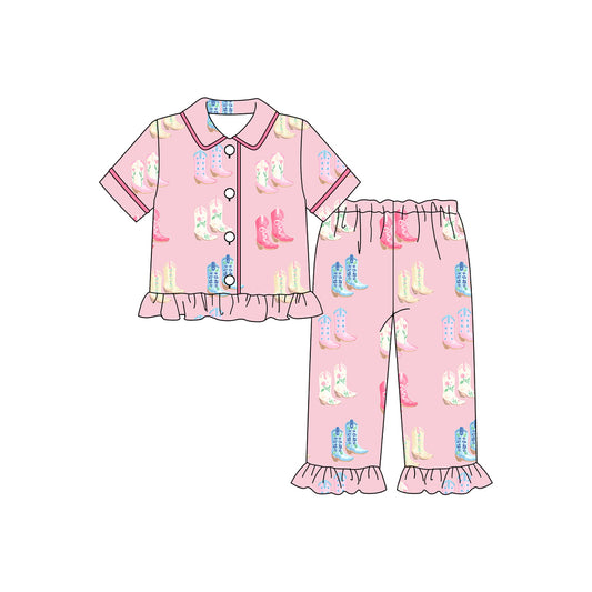 Pre order pink boots print button down pajama set