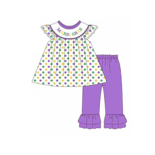 pre order mardi gras polk dots ruffle pants set
