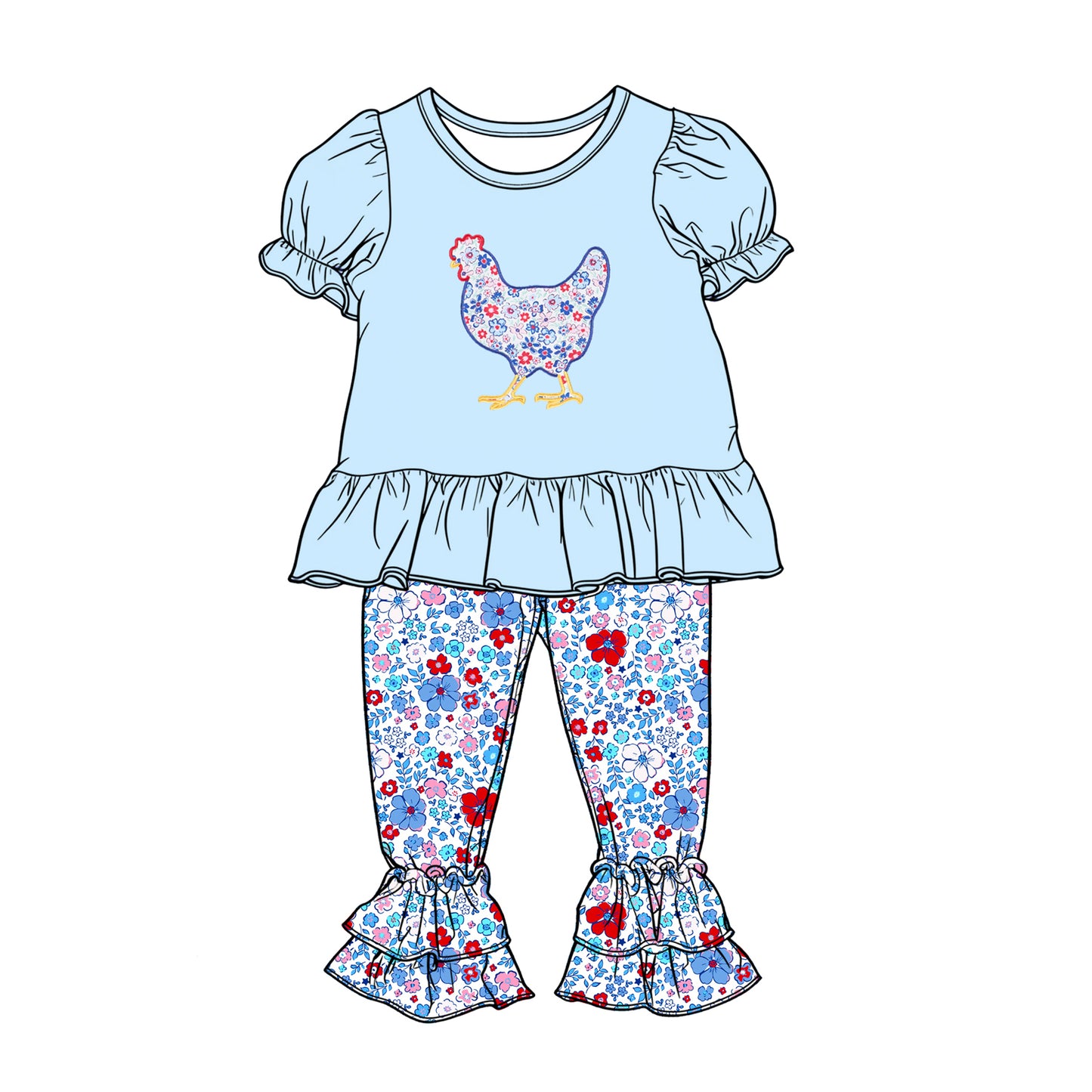 pre order blue floral chicken print pants set