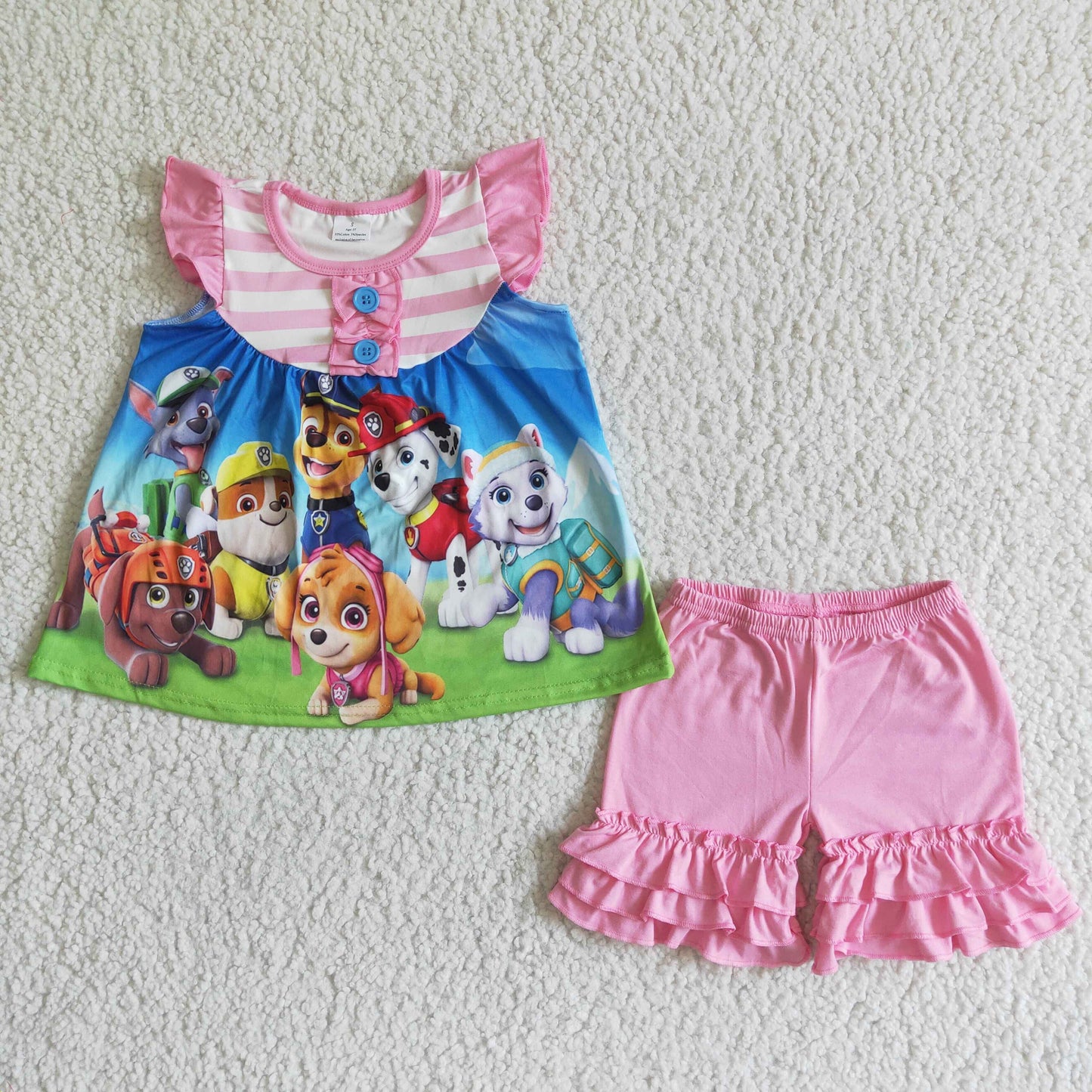 pink cartoon dog girl summer shorts set