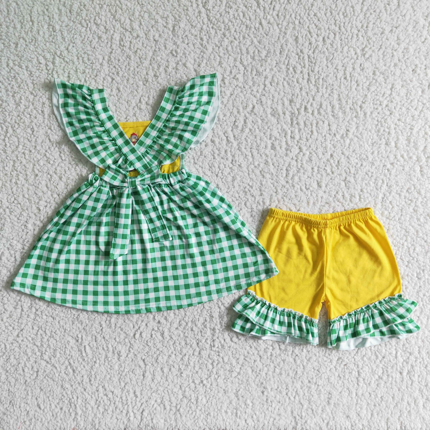 green plaid tractor embroidery shorts set