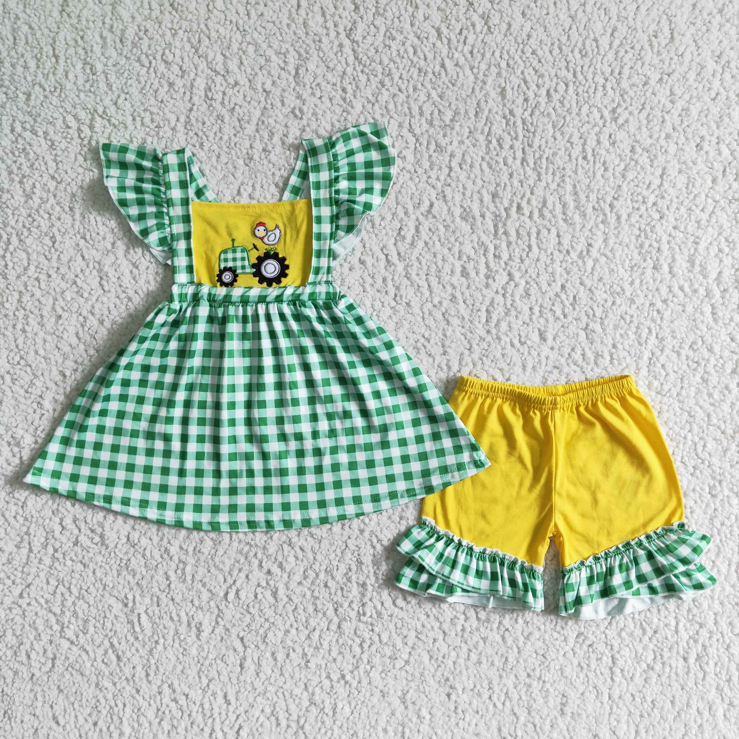 green plaid tractor embroidery shorts set