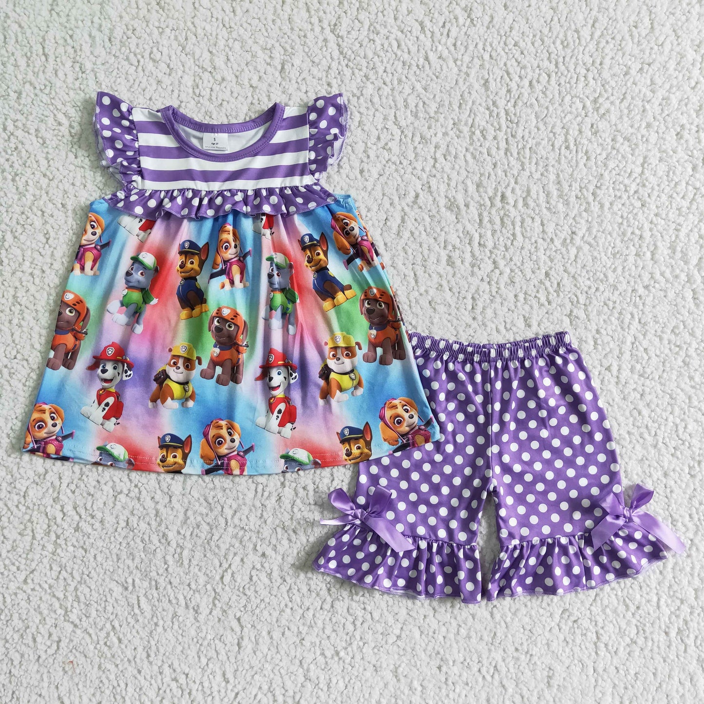 cartoon dog purple polk dots girls shorts set