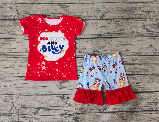 pre order girl 4th of july red white and bluey shorts set