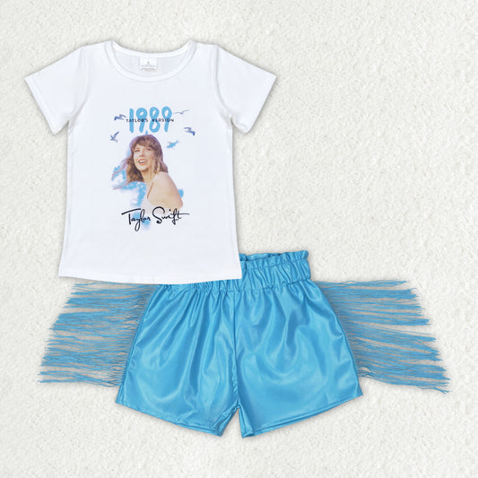 1989 taylor swift blue fringe leather shorts set girl outfits