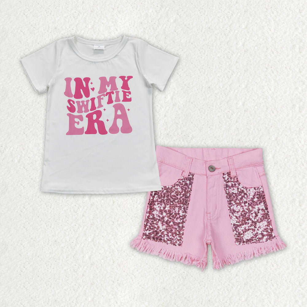 fashion girl summer pink denim shorts set