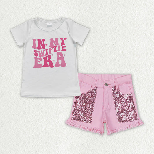 fashion girl summer pink denim shorts set