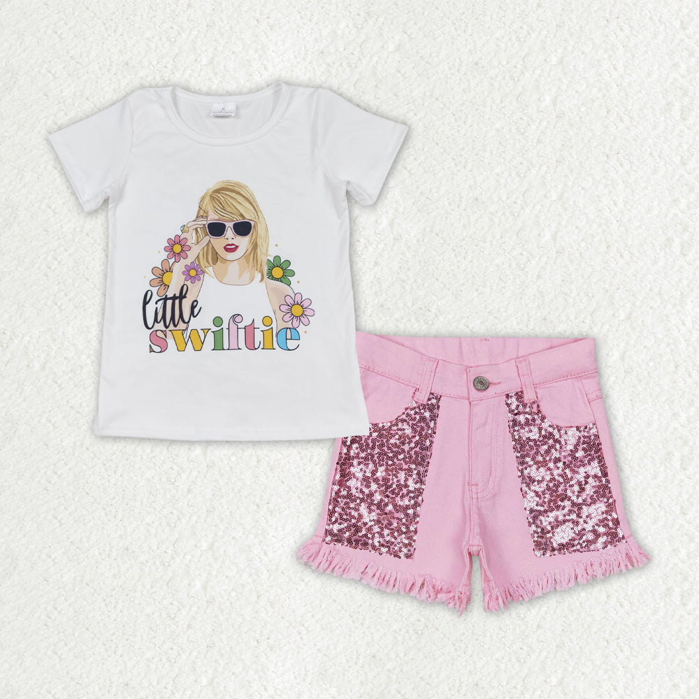 fashion girl summer pink denim shorts set