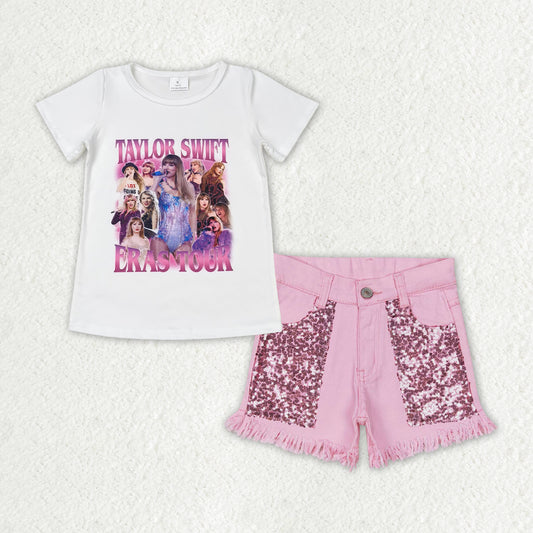 fashion girl summer pink denim shorts set