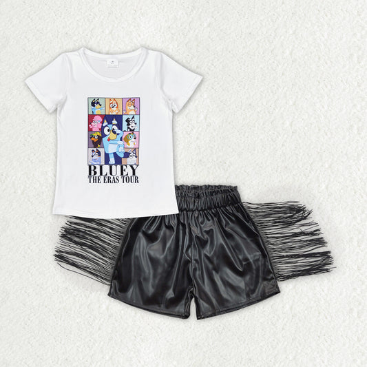 blu*y shirt black leather shorts set girl outfits