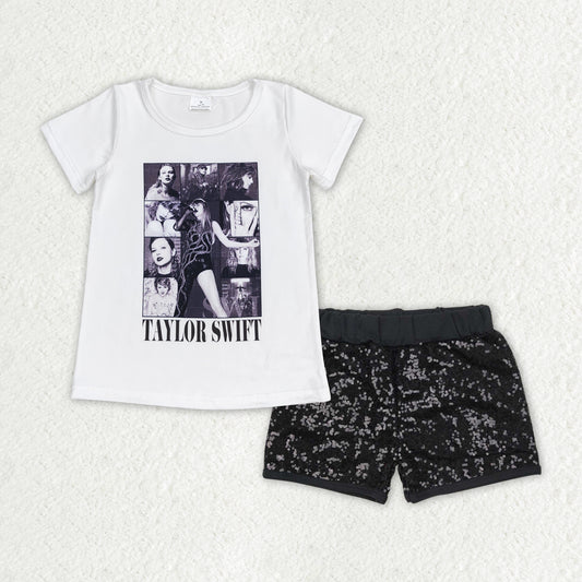 taylor tee black sequins shorts set girl