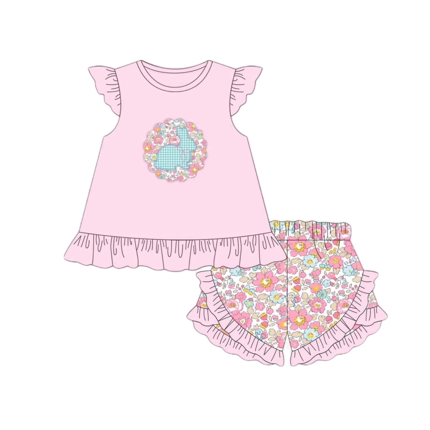 pre order floral rabbit girl easter shorts set pink