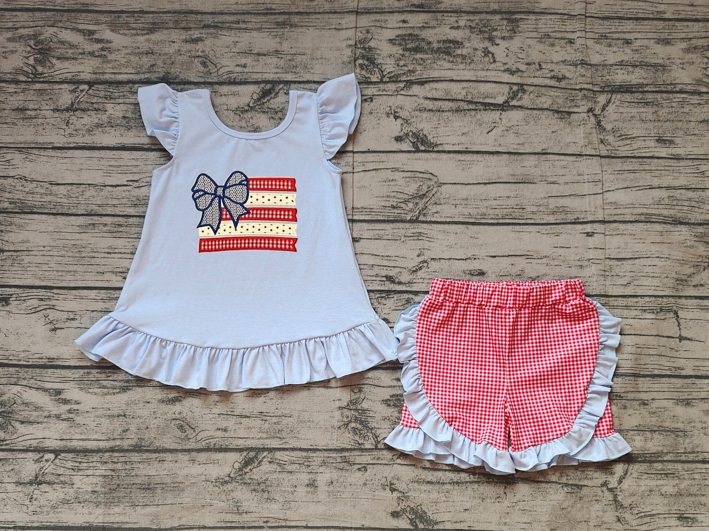 pre order 4th of july flag with bow girl short set (do embroidery)