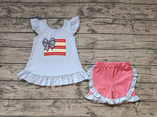 pre order 4th of july flag with bow girl short set (do embroidery)