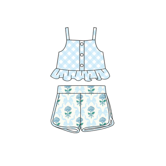 pre order blue floral bows suspender girls shorts set