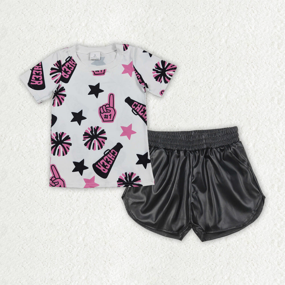 Cheer Tee Leather Shorts Set
