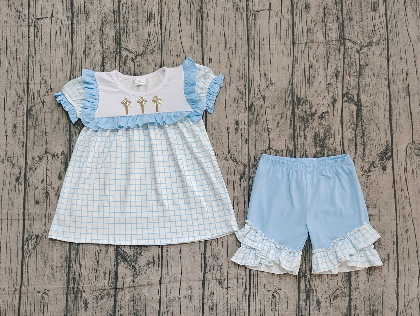 pre order easter cross blue plaid girl shorts set (do embroidery)