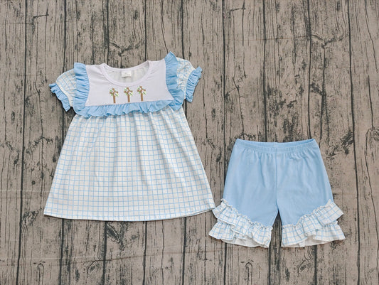 pre order easter cross blue plaid girl shorts set (do embroidery)