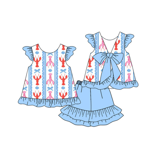pre order crawfish print blue girl shorts set
