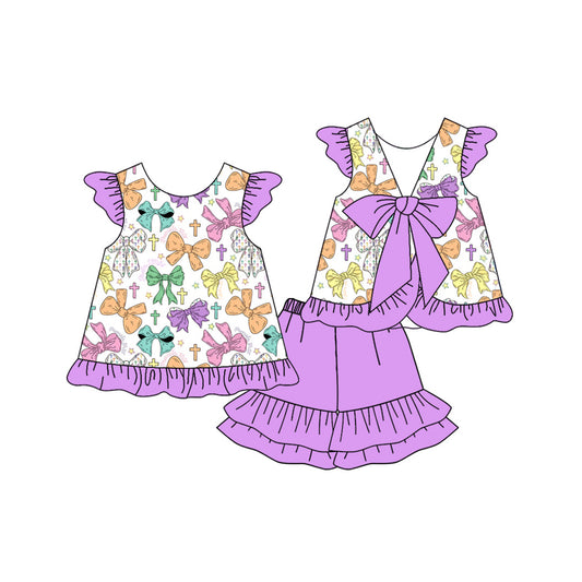pre order coquette print purple girl shorts set
