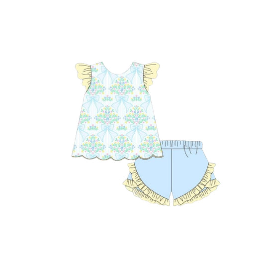 pre order blue bow flower girl shorts set