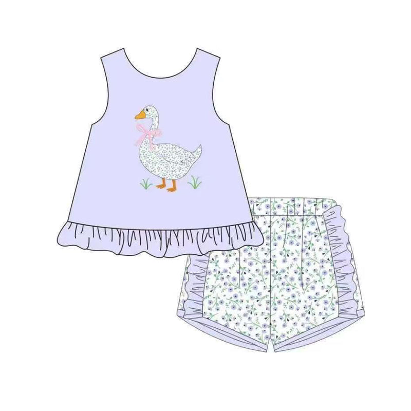 pre order floral goose purple shorts set
