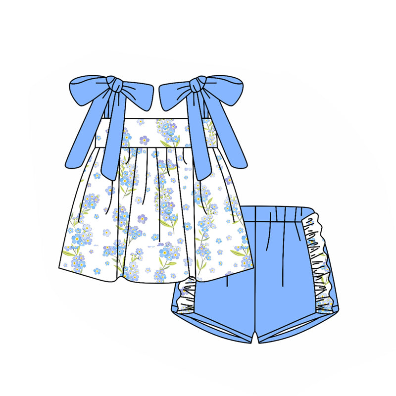 pre order blue flower strap shorts set