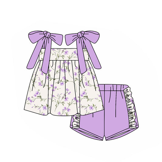 pre order purple flower strap shorts set