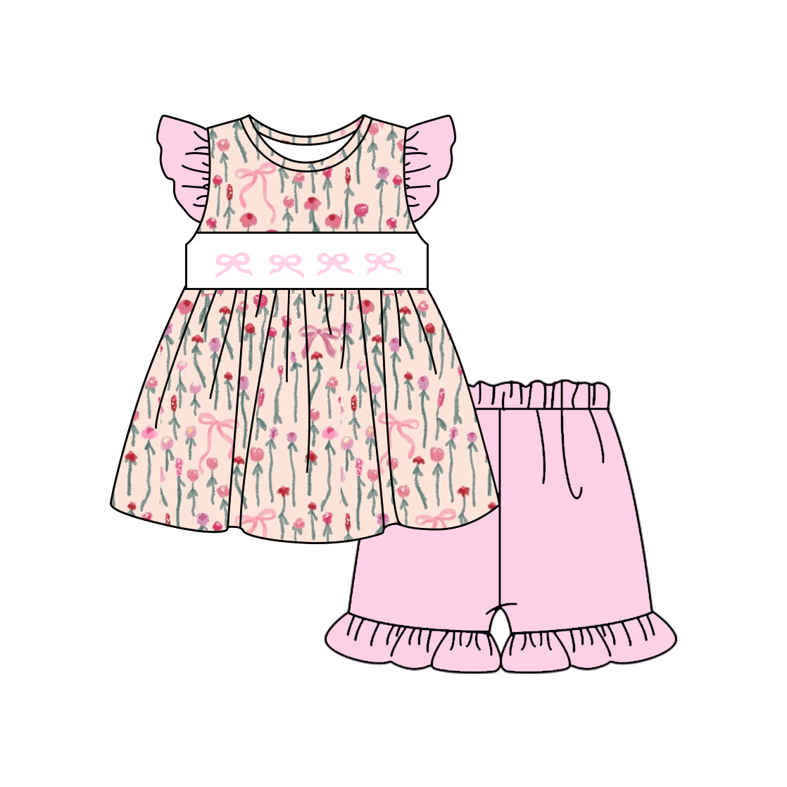pre order pink bow flower shorts set