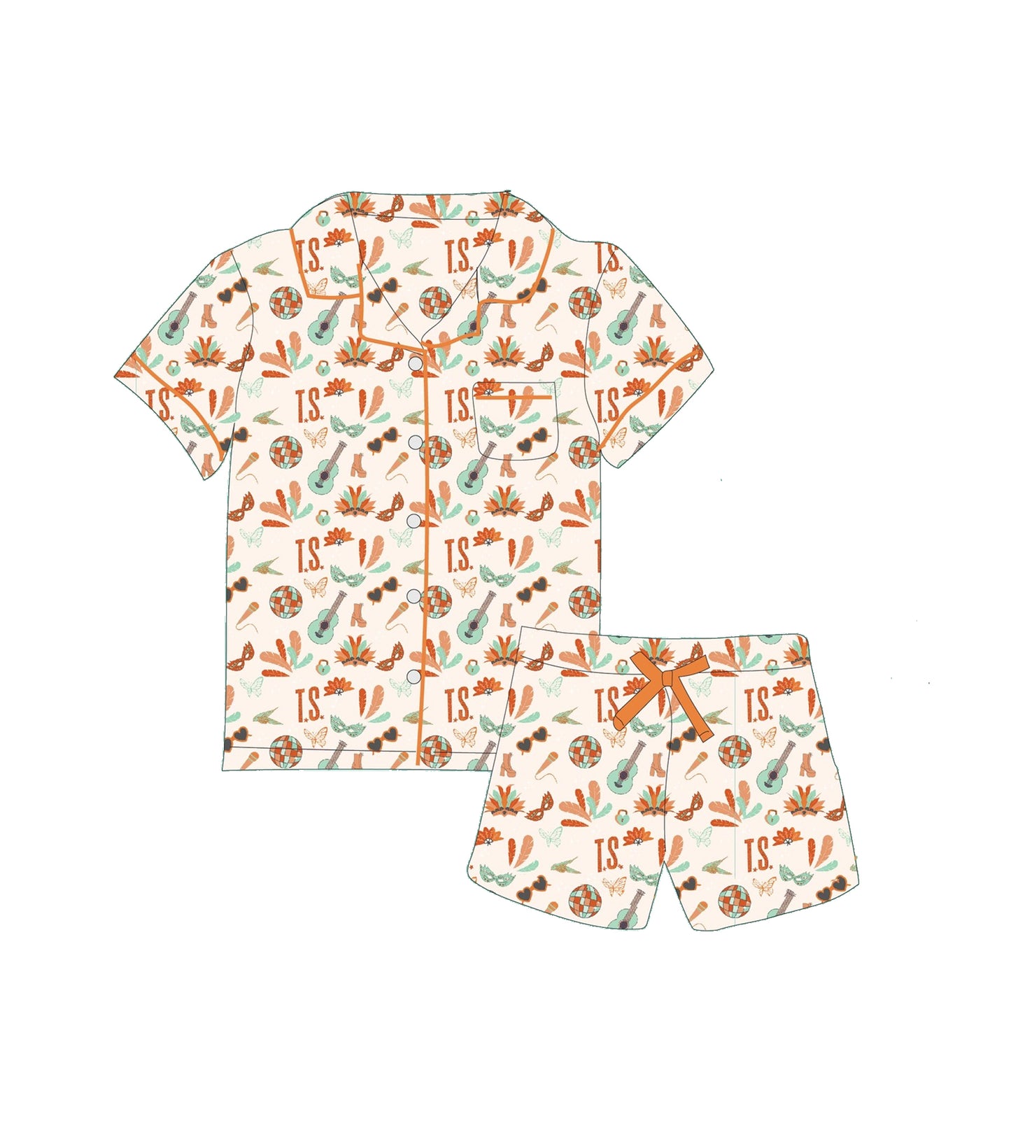 pre order TS guitar groovy button down shorts pajama set