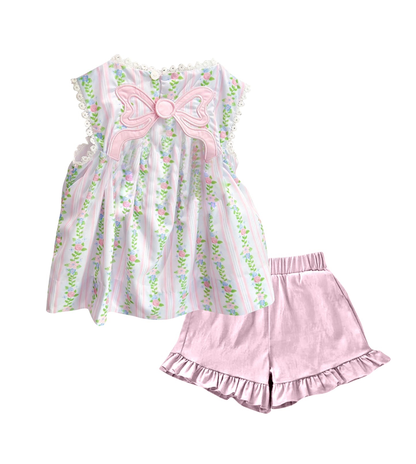 pre order pink bow floral girl shorts set