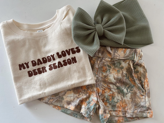 pre order my daddy loves deer season camo shorts set