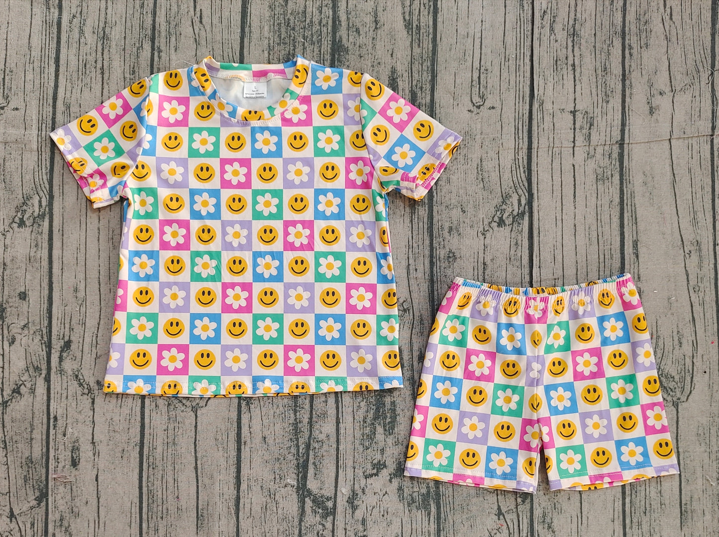 pre order colorful checkered smil*y and flower shorts set