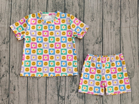 pre order colorful checkered smil*y and flower shorts set