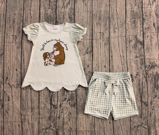 pre order Baby Girls Short Sleeves Monkey Tops Plaid Bows Pockets Shorts Set